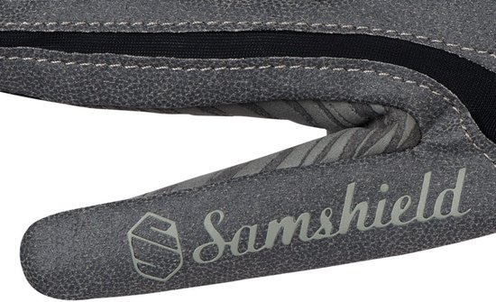 Grijze handschoen met Samshield logo, abstract tijgerprint patroon en suède afwerking.
