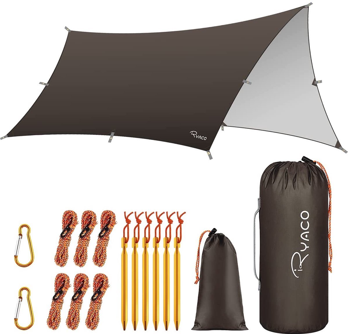 Ryaco Outdoor Tentzeil - Campingzeil - Zonnescherm met Opbergtas - Waterdicht - UV-Bestendig - Tarps voor kamperen - 3-4 Personen - 290 x 350 cm - Donker Bruin - Ryaco