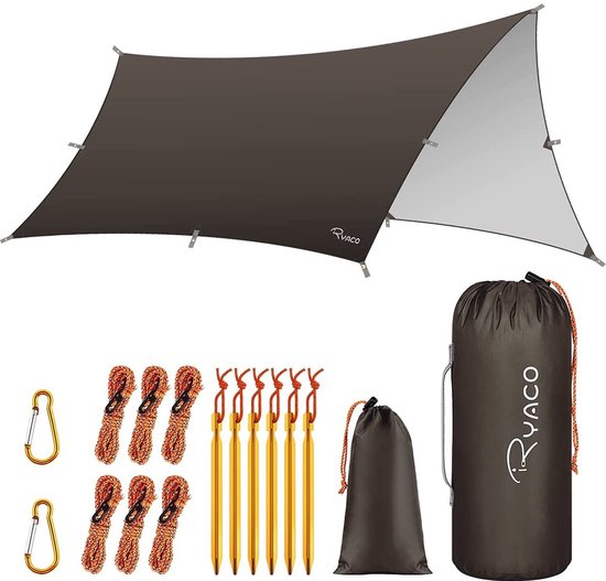 Ryaco Outdoor Tentzeil - Campingzeil - Zonnescherm met Opbergtas - Waterdicht - UV-Bestendig - Tarps voor kamperen - 3-4 Personen - 290 x 350 cm - Donker Bruin