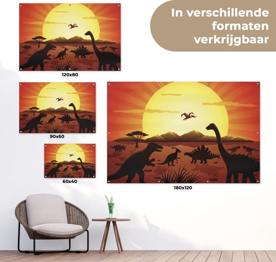 Posters de jardin extérieur Dino - Soleil - Nature - Dessin - Enfants - Garçons - 90x60 cm - Toile jardin - Affiche extérieure