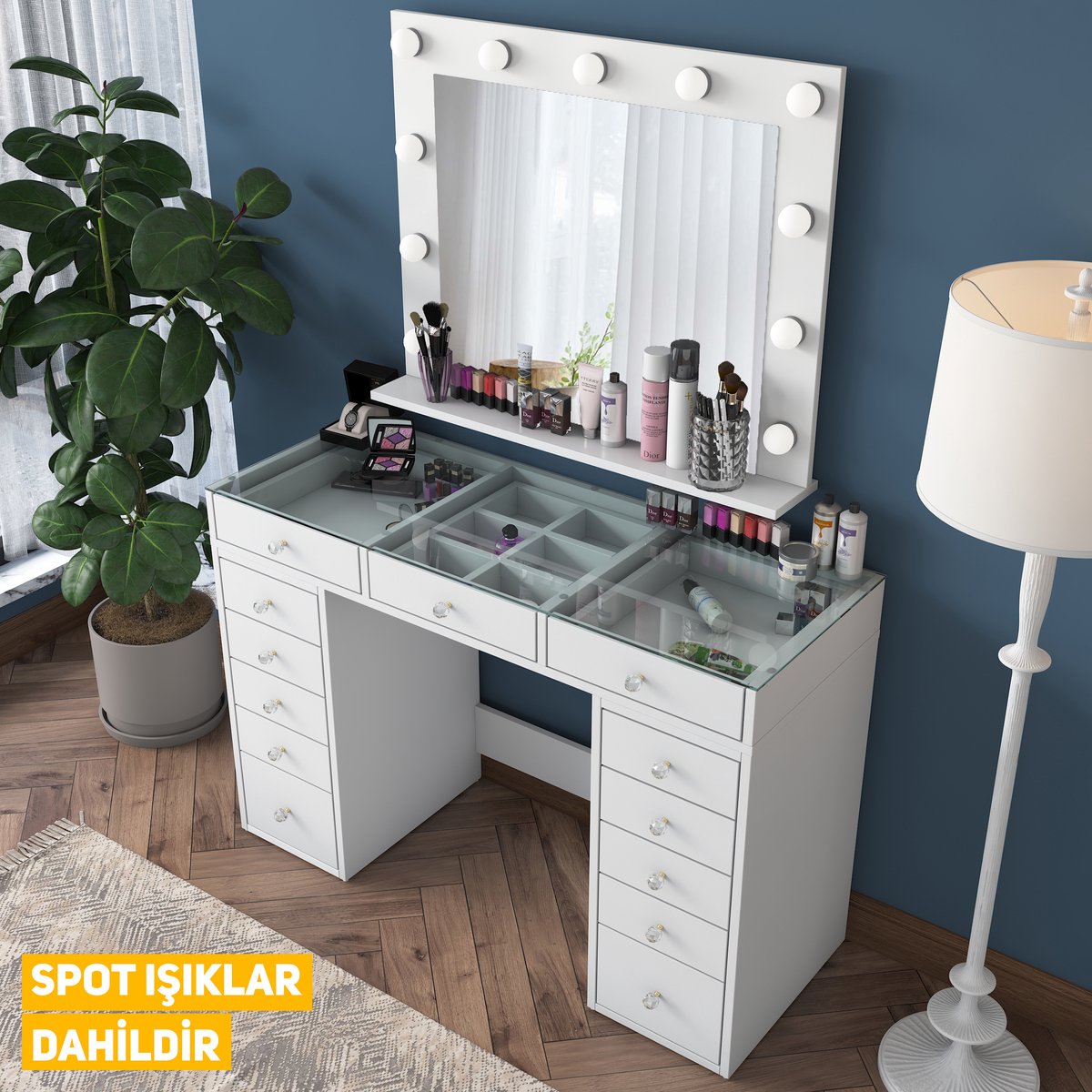 Gurexl Make-uptafel met spiegel, RGB led-make-uptafel met verlichting, kruk, schuifladen, glasplaat, 5 laden, haardrogerstandaard, USB Type-C, wit