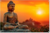 Tuinposter Boeddha - Tuindecoratie Buddha zonsondergang - 120x80 cm - Wanddecoratie voor buiten - Schutting decoratie - Buitenposter Boedha beeld - Schuttingdoek - Tuindoeken - Tuin doek - Balkon poster