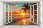 Tuinposter 90x60 cm - Tuindecoratie Zonsondergang - Doorkijk - Strand - Tropisch - Palmbomen - Wit raam - Poster voor in de tuin - Buiten decoratie - Schutting tuinschilderij - Tuindoek muurdecoratie - Wanddecoratie balkondoek