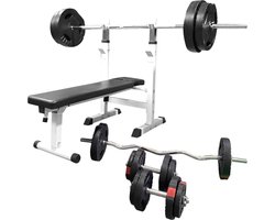 Gorilla Sports Halterbank Wit met 100 kg Halterset - Fitnessbank - Halter met gewichten - Gripper Kunststof