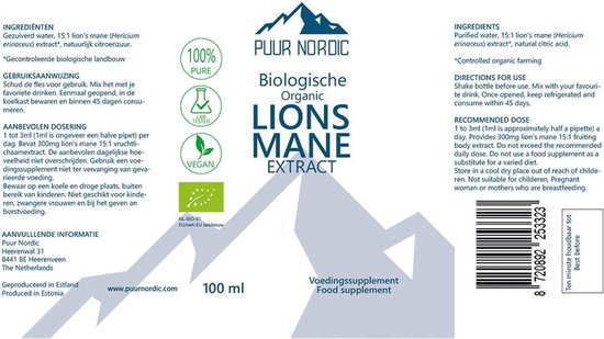 Zwarte fles met etiket van Puur Nordic biologische Lion's Mane Extract. Bevat 100ml. De tekst is in het Nederlands en Engels.