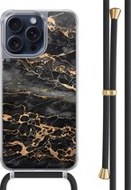 Casimoda® hoesje met zwart koord - Geschikt voor iPhone 15 Pro Max - Marmer Grijs Brons - Afneembaar koord - TPU/polycarbonaat - Grijs