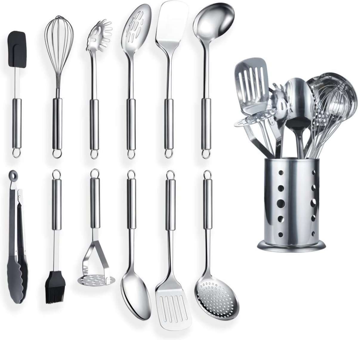 Roestvrij stalen kookset 13-delig met 1 standaard kooklepels set van roestvrij staal split tuner pollepel afschuimer serveerlepel pastaserver aardappelmaaier (13 stuks)