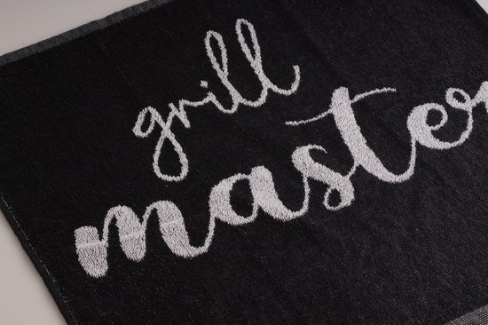 Torchon noir avec le texte 'grill master' en lettres blanches et élégantes.