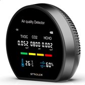 Strolox® 3 in 1 CO2 & TVOC PM2.5 & HCHO meter - Luchtkwaliteitsmeter - Hygrometer voor binnen - Koolstofdioxide detector - Luchtvochtigheidsmeter en Thermometer - Zelf Kalibrerende NDIR Sensor - zwart