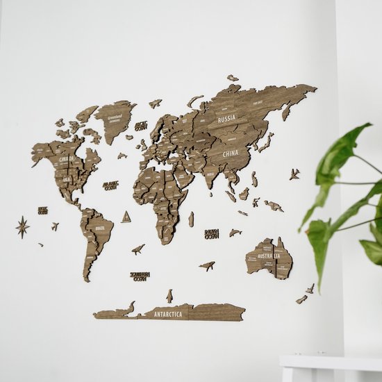 IWA Concept - Wereldkaart 3D en bois - Décoration murale - Wereldkaart - Panneau mural en bois - Accessoires de vêtements pour bébé de bureau - Cadeau de pendaison de crémaillère - Décoration murale - Medium - 100x54 CM