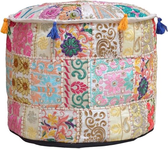 Repose-pieds ottoman indien avec pouf brodé, pouf indien en coton, housse de pouf ottoman avec décoration ethnique - housse (beige, 46 x 33 cm)