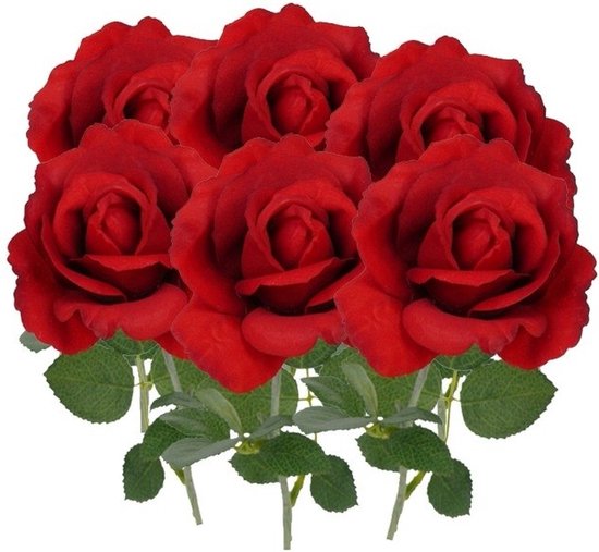 6x rode rozen van polyester - 37 cm - Valentijn / Bruiloft rode kunstrozen