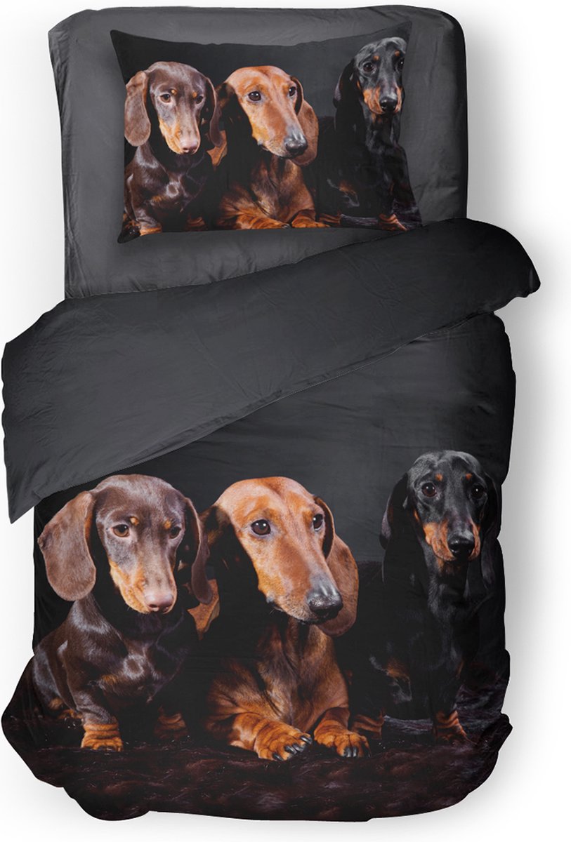 Eleganzzz Dekbedovertrek Teckels - zwart - Dekbedovertrek 140x200/220cm - Micropercal - Eenpersoons - Dekbedovertrekken - Honden Dekbedovertrek - Dieren Dekbedovertrek