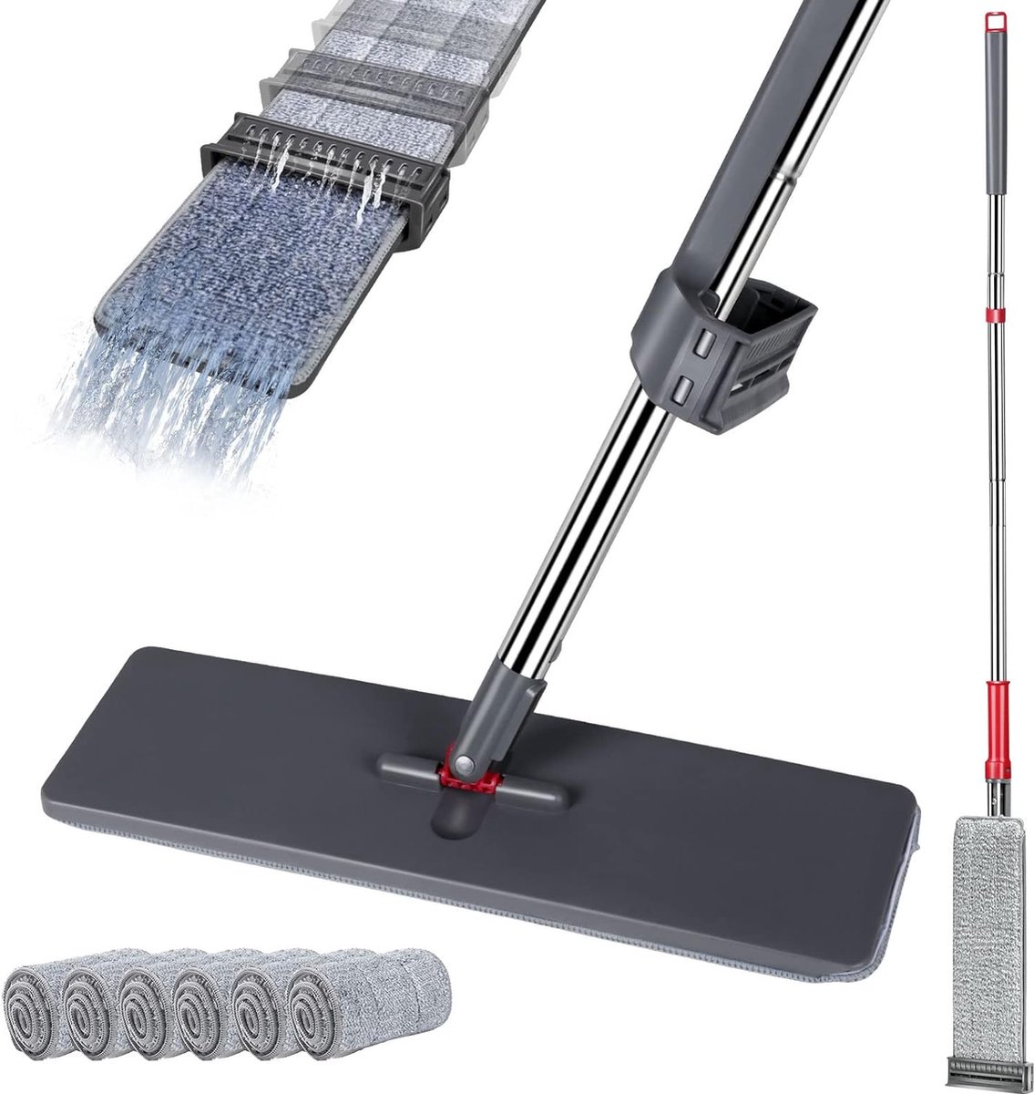 Goedkoopste vlakmop, 130cm vlakmop met 6 dweilpads en roestvrijstalen handgreep, dweil met wringfunctie, microvezel vloermop voor hardhout, tegels, laminaat, marmer - grijs rood