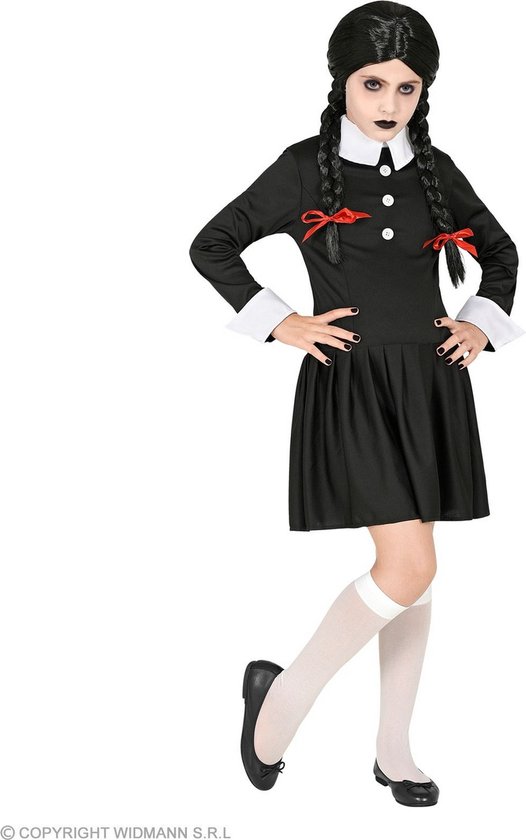 Widmann - Pop kostuum Kostuum - Duistere Wednesday Addams - Meisje - Zwart - Maat 128 - Halloween - Verkleedkleding
