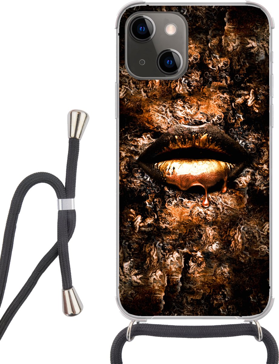 Telefoonhoesje Geschikt voor iPhone 13 - Vrouw - Lippen - Koper - Siliconen - Crossbody - Backcover met Koord - Telefoonhoesje met koord - Hoesje met touw Telefoonhoesje