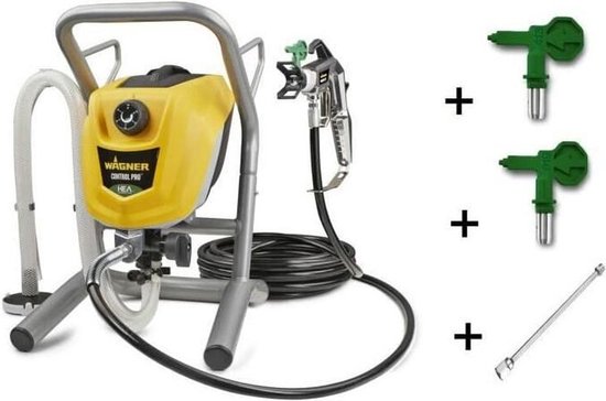 Gele Wagner Control Pro 250M verfspuit met zilverkleurig frame, spuitpistool, twee groene spuitmonden en een verlengstuk.
