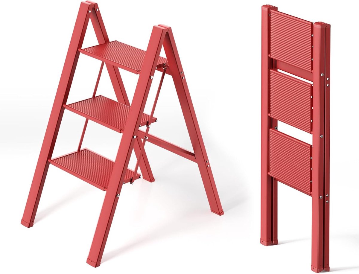 3 treden ladder aluminium inklapbare lichte trapladder 3 treden inklapbare opstapkruk staande ladder antislip maximaal draagvermogen 150 kg draagbare lichte opstapkruk (rood)