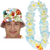 Carnaval verkleed set - Tropische Hawaii party - bucket hoedje - bloemenslinger lichtblauw - volwassenen