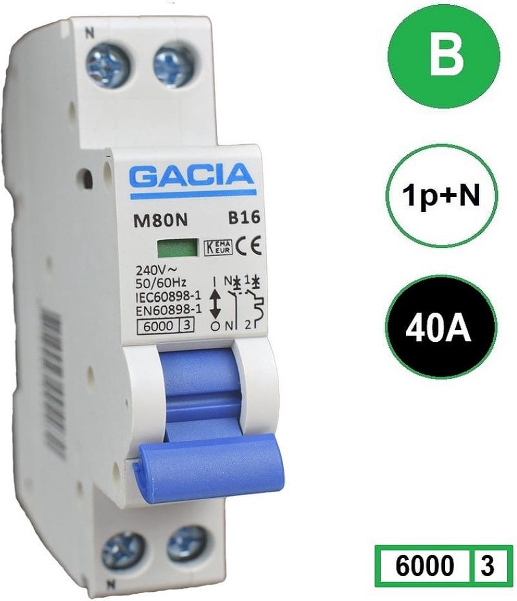 Gacia installatieautomaat 1P+N B40 6KA - M80N-B40
