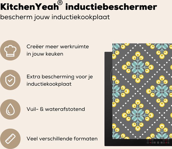 KitchenYeah® Inductie beschermer 81.2x52 cm - Design - Ruit - Bloemen - Grijs - Kookplaataccessoires - Afdekplaat voor kookplaat - Inductiebeschermer - Inductiemat - Inductieplaat mat - Keuken decoratie