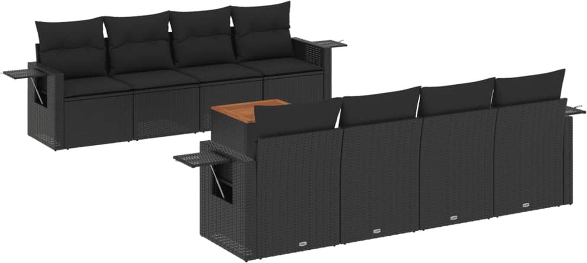 vidaXL 9-delige - Loungeset - met - kussens - poly - rattan - zwart