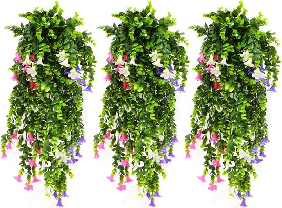 3 Pièces Fleur de Trompette Plante Artificielle Suspendue 65 cm Plantes Artificielles Suspendues Comme Vraie Plante de Lierre Lierre Artificiel pour Intérieur Extérieur Jardin Décoration Murale Rose Blanc Violet