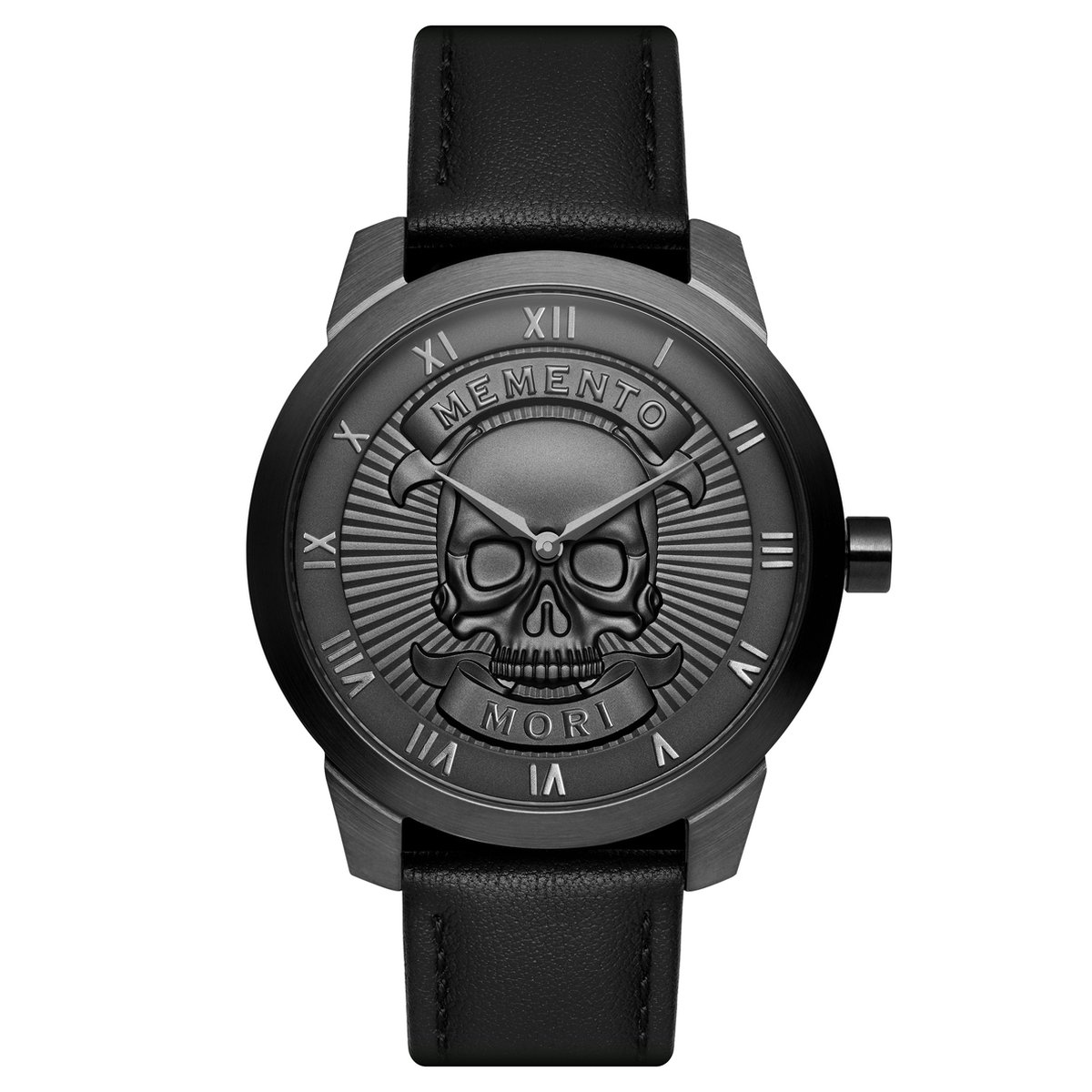 Lucleon Memento Mori zwart en gunmetal horloge met doodshoofd en leren band voor heren