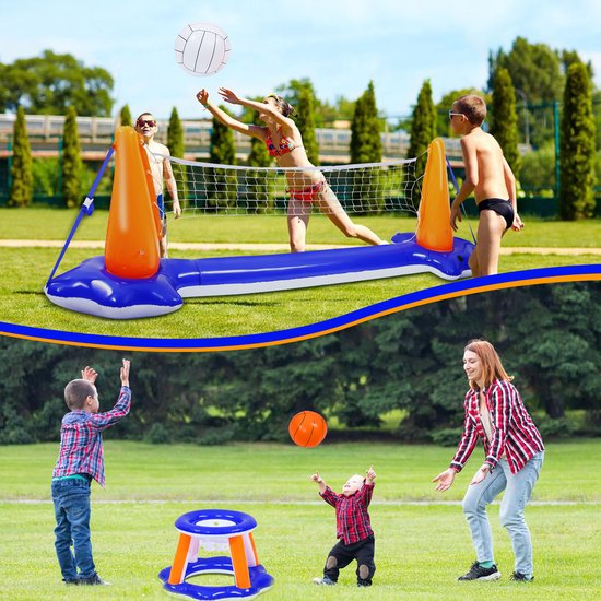 Opblaasbaar Zwembadset - Volleybalnet En Basketbalmanden Inclusief Ballen Voor Kinderen En Volwassenen Zwemspeelgoed Drijvend Zomerzwemmers