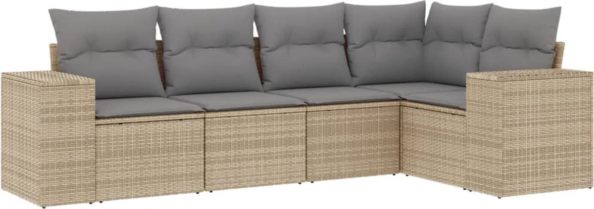 vidaXL 5-delige - Loungeset - met - kussens - poly - rattan - beige