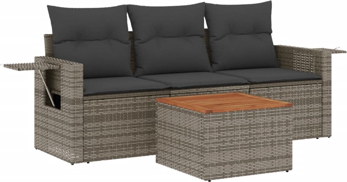 vidaXL 4-delige - Loungeset - met - kussens - poly - rattan - grijs
