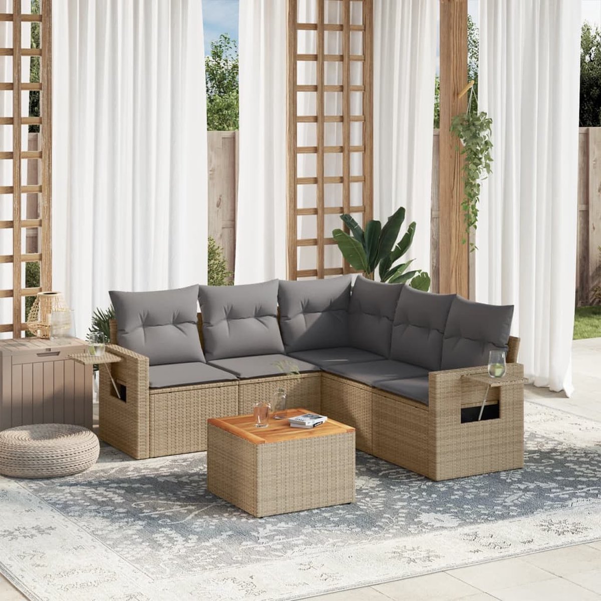 vidaXL - 6-delige - Loungeset - met - kussens - poly - rattan - beige thumbnail 2