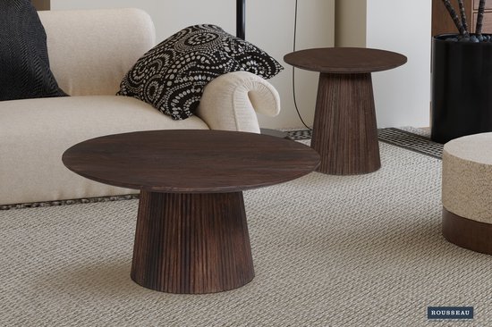 Salontafel 'Miguel' 50 cm Rond Donkerbruin, Structuur en blad massief hout Mangolia