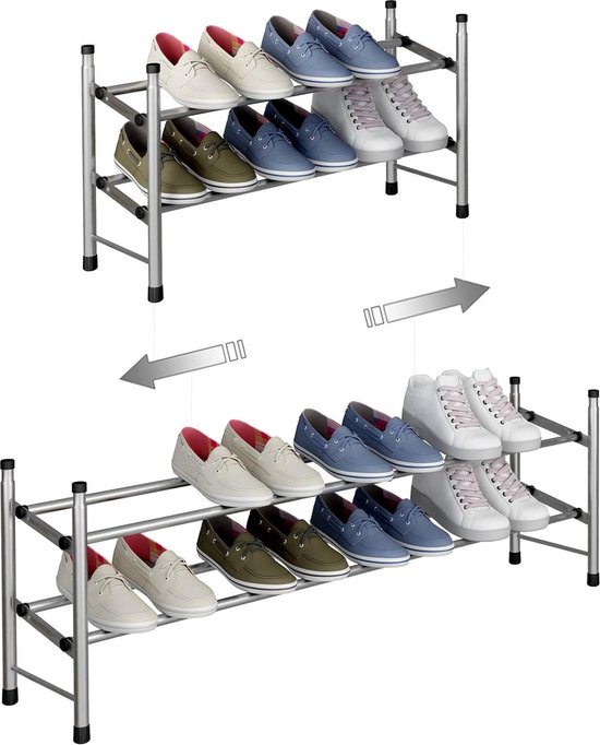 Uitschuifbaar schoenenrek met 2 niveaus voor het opbergen van maximaal 12 paar schoenen, verstelbaar stapelbaar schoenenrek opbergruimte voor gang, 62~114 x 22 x 35 cm