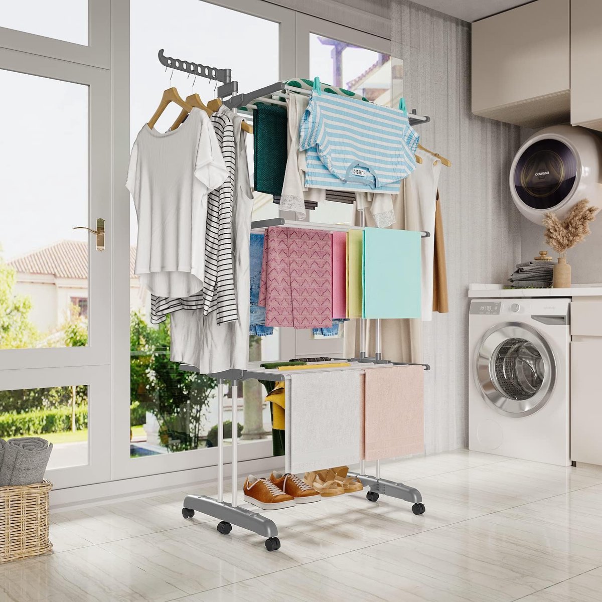 Goedkoopste Droogrek toren, inklapbaar wasrek met 6 opvouwbare vleugels op 3 niveaus, inklapbare poten besparen ruimte binnen en buiten het huis (grijs