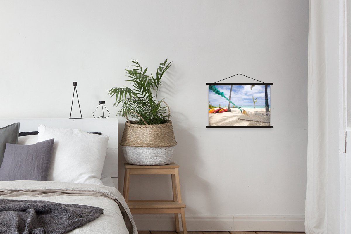 Posterhanger incl. Poster 60x40 cm - Schoolplaat - Strand - Boot - Hangmat - Textielposter - Zwarte latten
