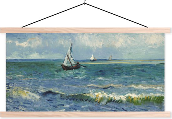 Posterhanger incl. Poster - Schoolplaat - Zeegezicht bij Les Saintes-Maries-de-la-Mer - Vincent van Gogh - 150x75 cm - Blanke latten