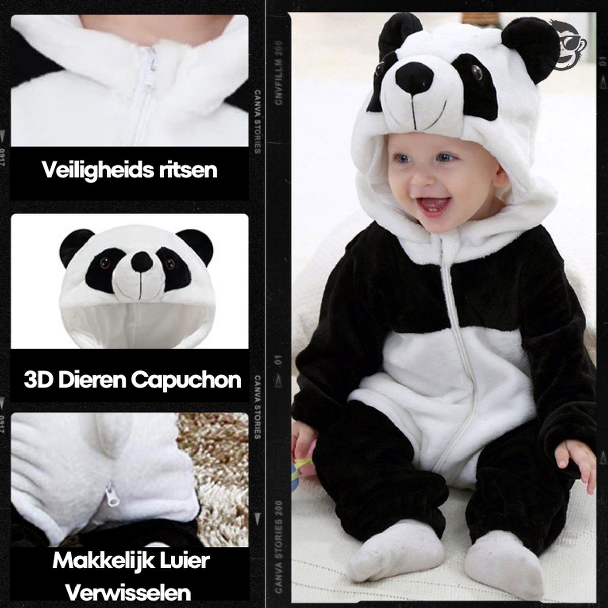 BoefieBoef Dieren Onesie Pyjama Kinderen 6m-2jr – Panda – Verkleedkleding met Luierrits – Carnaval Dierenpak - Kerst en Kraamcadeau Tip – Zacht Flanel - Romper - Boxpak - Jongens - Meisjes — afbeelding 5