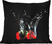 Buitenkussen Weerbestendig - Aardbeien - Fruit - Water - Zwart - Rood - 50x50 cm