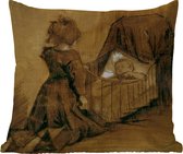 Buitenkussen - Meisje geknield bij een wieg - Vincent van Gogh - 45x45 cm - Weerbestendig