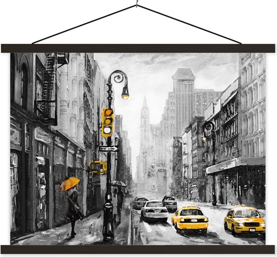 Posterhanger incl. Poster 150x113 cm - Schoolplaat - Schilderij - Olieverf - Stad - Auto - Textielposter - Zwarte latten