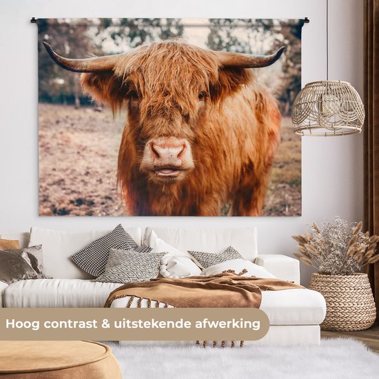Tapisserie Murale - Toile Murale - Vache - Highlander écossais - Cornes - Marron - Paysage - 180x135 cm - Tapisserie