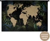Wandkleed WereldkaartenKerst illustraties - Zandkleurige wereldkaart op zwarte achtergrond omlijst met bladeren en blauwe bloemen Wandkleed katoen 150x100 cm - Wandtapijt met foto