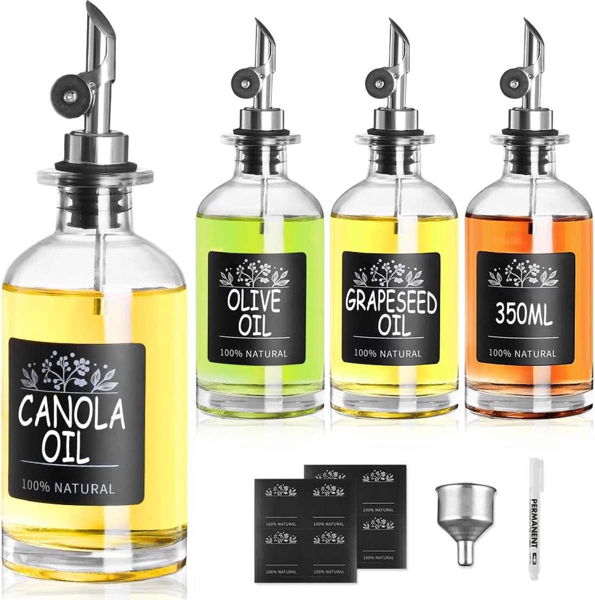 4 x oliedispenser met etiketten oliefles met schenktuit 350 ml azijn en olieflessen set met trechter geschikt voor levensmiddelen en azijndispenser