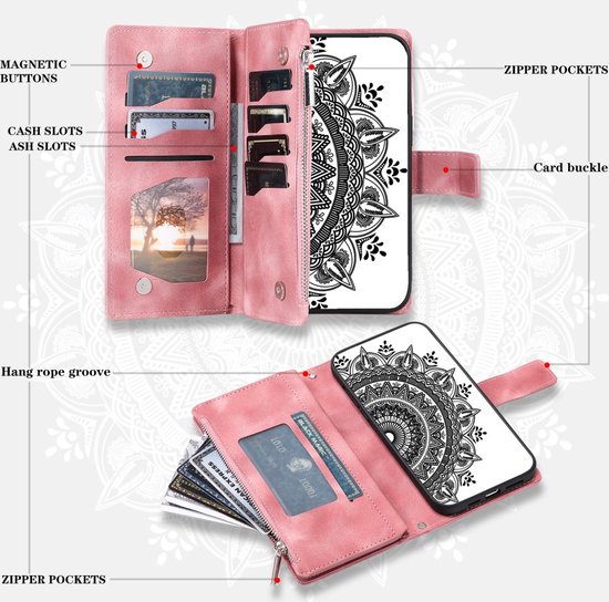 Samsung Galaxy A25 5G - Portefeuille avec fermeture éclair - book case cover - espace pour 8 cartes - mandala rose