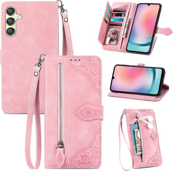 Foto: Telefoonhoesje geschikt voor samsung galaxy a25 5g portemonnee met rits book case hoesje ruimte voor 7 pasjes mandala bloemen roze