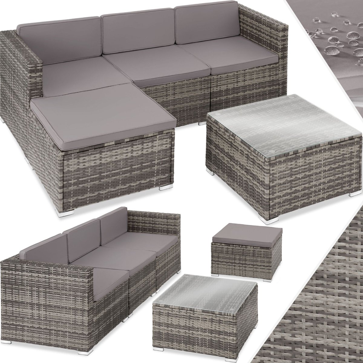 tectake® Wicker loungeset - Tuinmeubelset voor buiten met Bank, Fauteuil, Kruk en Tafel - Variabel Combineerbaar - Weerbestendige Tuinset - Voor 3-4 Personen - Balkonmeubilair - Tuinlounge - Terrasmeubilair - Grijs op Prijzenvolger.com