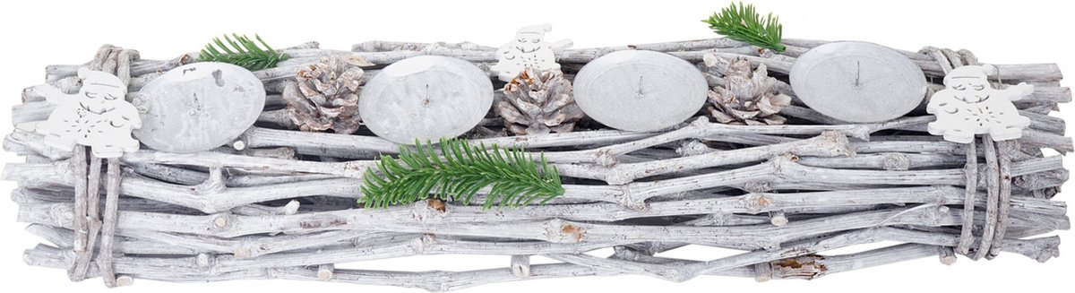 Cosmo Casa Kerstkrans langwerpig - Kerstdecoratie adventsarrangement - Hout 60x16x9 cm wit - grijs - Met kaarsen - Wit