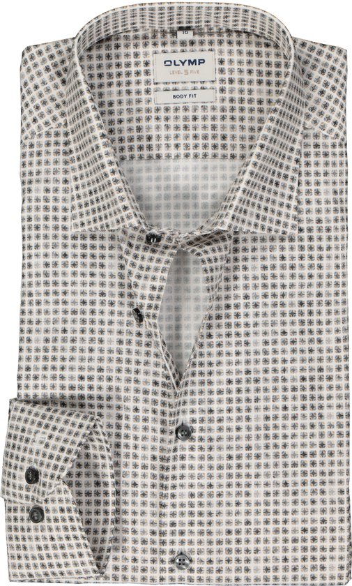 OLYMP Level 5 body fit overhemd - mouwlengte 7 - popeline - grijs met wit - groen en bruin dessin - Strijkvriendelijk - Boordmaat: 40
