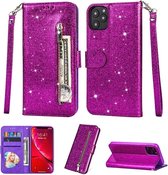 Portemonnee Hoesje - Wallet Case - Rits Sparkly Glitter - Telefoonhoes met Kord Geschikt voor: Apple iPhone 12 - Paars